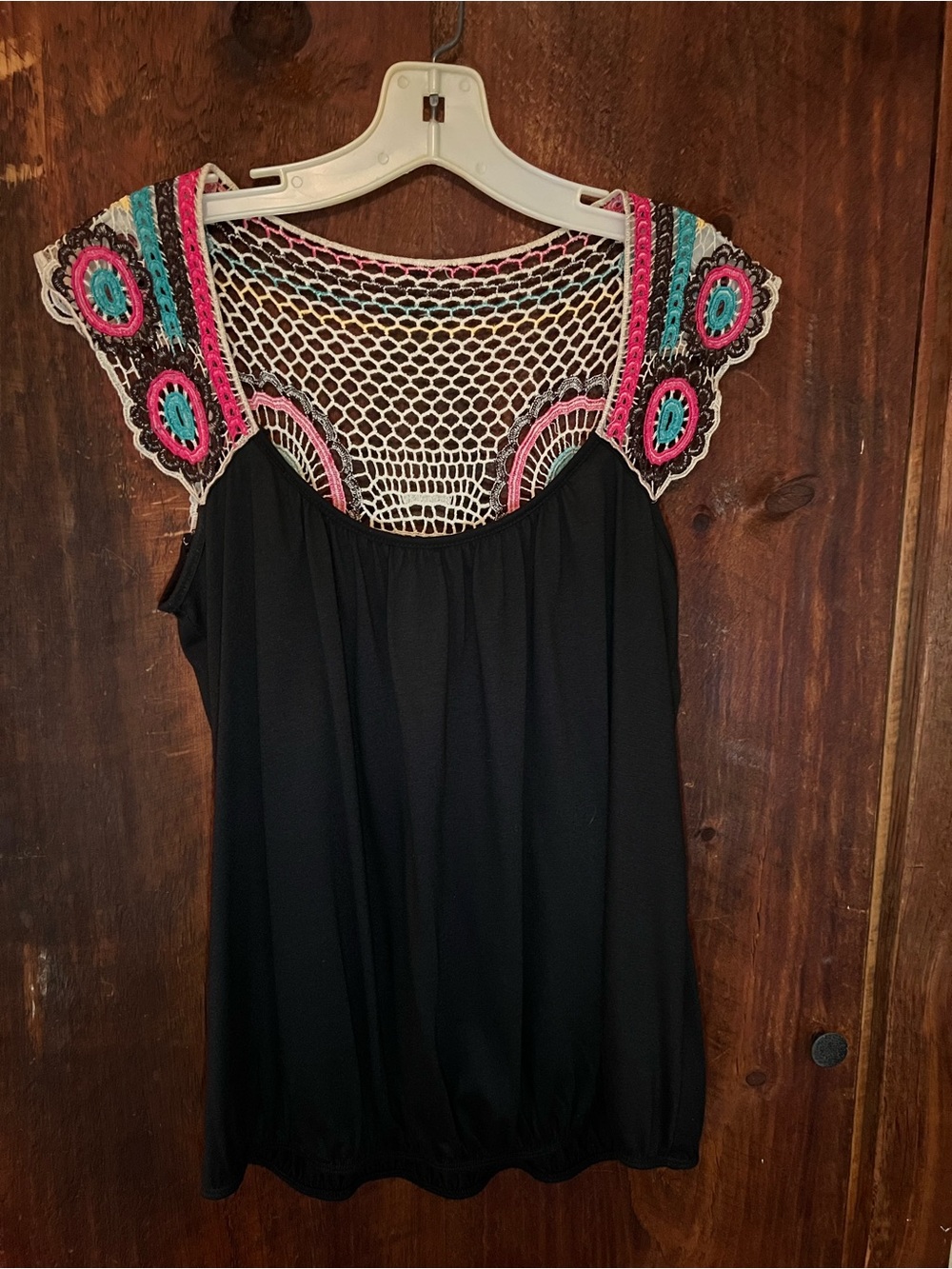 h.i.p. Black Sleeveless Top with Pink and Teal Crochet Yoke